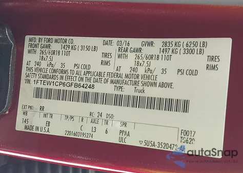 2016 Ford F150 Lariat from USA, damaged, VIN 1FTEW1CP6GFB64248